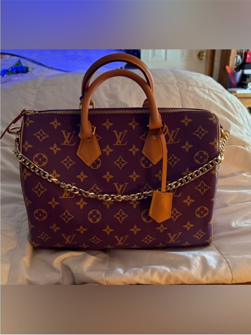 RARE INSPIRED Purple Monogram Satchel with Tan Leather Trim Size 30 P9 - Picture 14 of 15